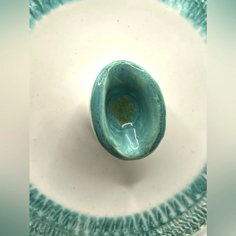 Vintage 1961 Handmade Ceramic Pottery Bowl w/Lid Turquoise/White MCM Signed - Picture 11 of 16